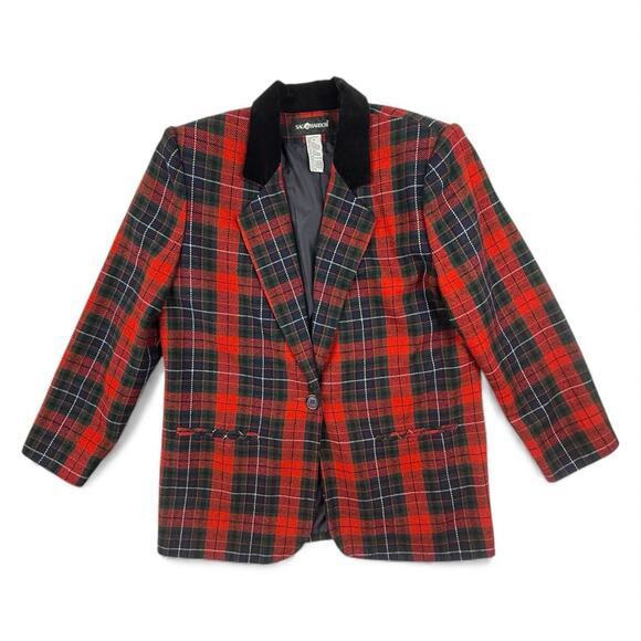 Vtg Sag Harbor Red Tartan Plaid Blazer Wool Blend Jacket Velvet Collar Womens 14 - Picture 2 of 10
